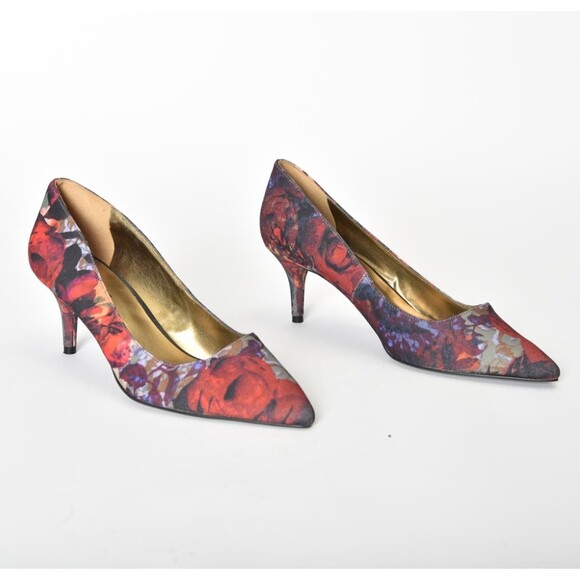 Nine West Margot Multi Red Floral Fabric Kitten Heel Size 8.5 - Picture 3 of 6